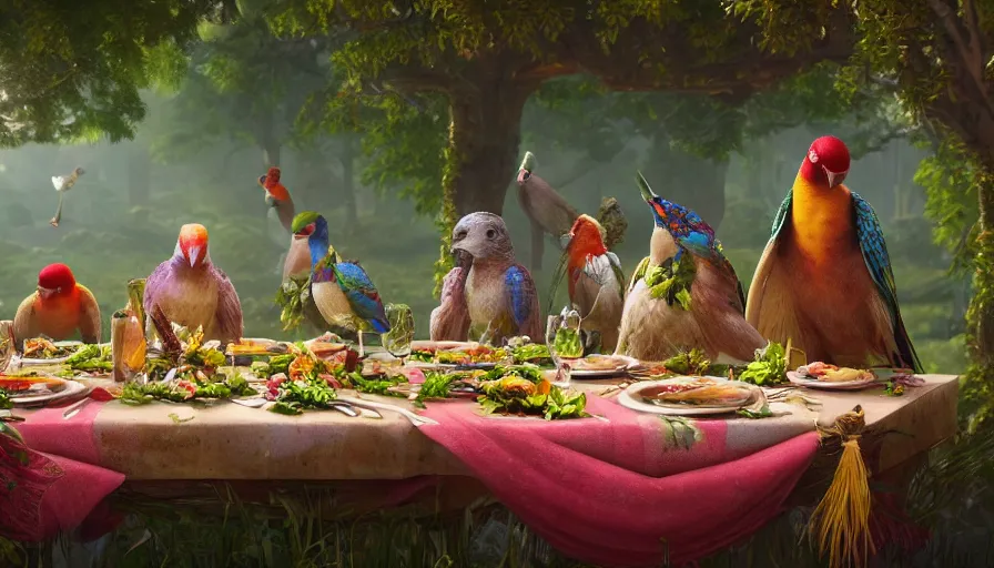 Image similar to a table dinner of exotic birds where birds are dressed like the characters from the midsommar movie wearing flowers, realistic detailed digital art by maxwell boas jessica rossier christian dimitrov anton fadeev trending on artstation cgsociety rendered in unreal engine 4 k hq