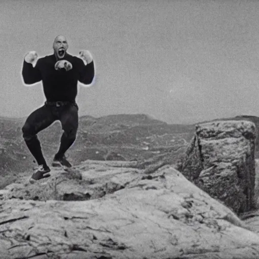 Prompt: photo of the rock flexing and yelling let's go!, bell visible in the background on his left, low perspective, isometric perspective, film scene