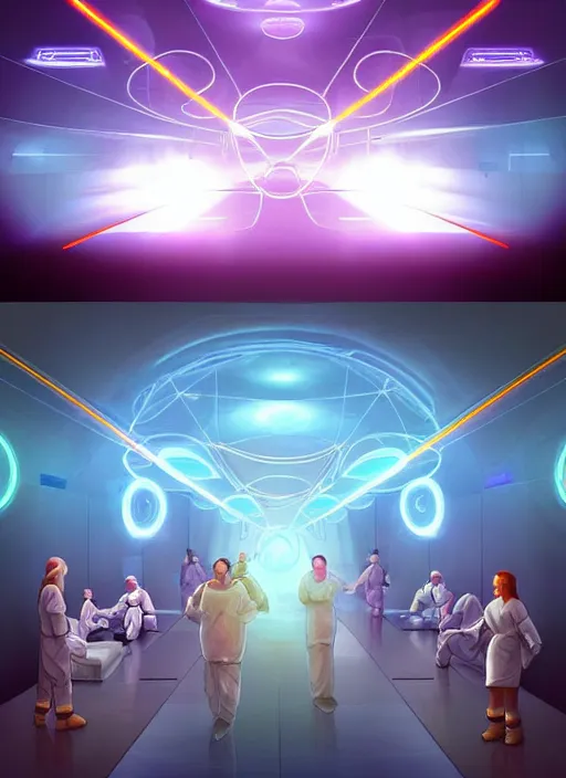 Prompt: hospital!, teams, healing, energetic, life, hybrids, scifi, healing glowing lights, vitals visualiser!!, published concept art, art in the style of everything and infinity, from wikipedia