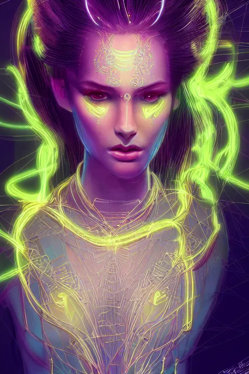 Image similar to portrait of female humanoid from 9 0 s era, intricate, elegant, neon lights, highly detailed, digital painting, artstation, glamor pose, concept art, smooth, sharp focus illustration, art by katsuhiro otomo