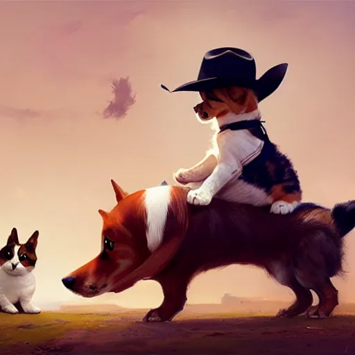 Image similar to tiny cat girl in cowboy hat riding on the back of a giant corgi by greg rutkowski