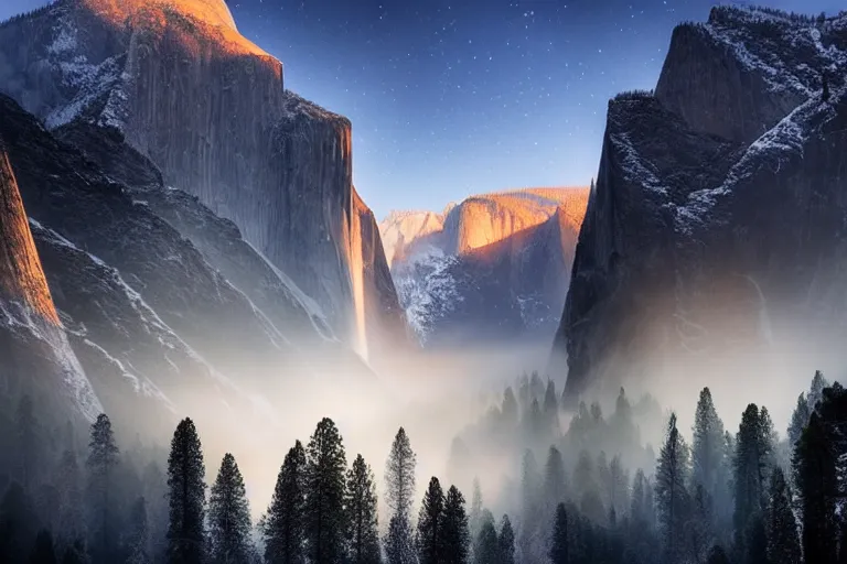Prompt: amazing landscape photo of Yosemite by marc adamus, beautiful, dramatic lighting