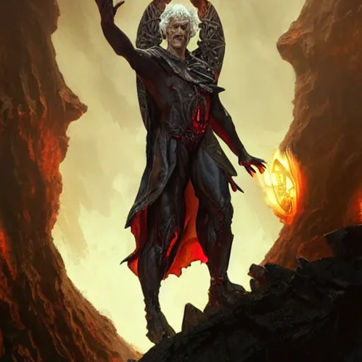 Prompt: Christopher Lloyd as belial, burning and falling from the sky, full_body!!, dungeons and dragons, highly_detailed!!, Matte painting, artstation, concept art, sharp focus, illustration, art by artgerm and greg rutkowski and alphonse mucha