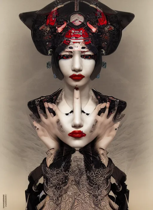 Prompt: portrait of a sensual cyberpunk geisha cyborg with headpiece, imari, modern fine art, fractal, in the style of ghosts in the shell, intricate ornaments, elegant, highly detailed, digital photography, subsurface scattering, by mc escher and greg rutkowski,