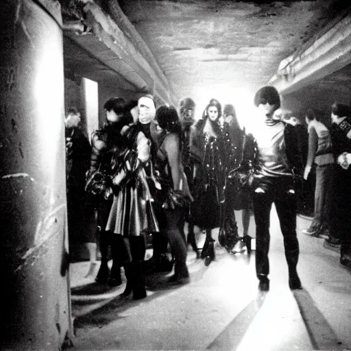 Prompt: goths in a nightclub in a vast underground bunker, berlin 1 9 8 2, grainy high contrast black and white