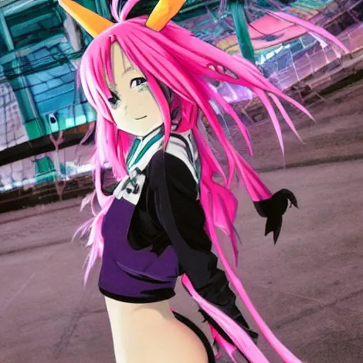 Image similar to anime girl with eccentric clothes, long spiky pink hair, cel - shading, 2 0 0 1 anime, flcl, jet set radio future, golden hour, underground facility, underground tunnel, pipes, rollerbladers, rollerskaters, cel - shaded, jsrf, strong shadows, vivid hues, y 2 k aesthetic