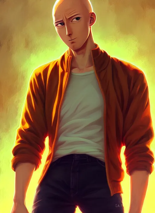 Image similar to handsome saitama, half body shot, path traced, highly detailed, high quality, digital painting, alena aenami, lilia alvarado, shinji aramaki, karol bak, alphonse mucha, tom bagshaw