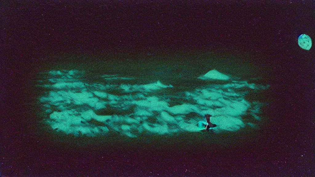 Image similar to birds eye view, haunted vhs glitch polaroid of a distant quetzalcoatl sailing through deep blackness. black bay, stars strange perspective, depths, ethereal lighting. nighttime setting with the moon reflecting off the water