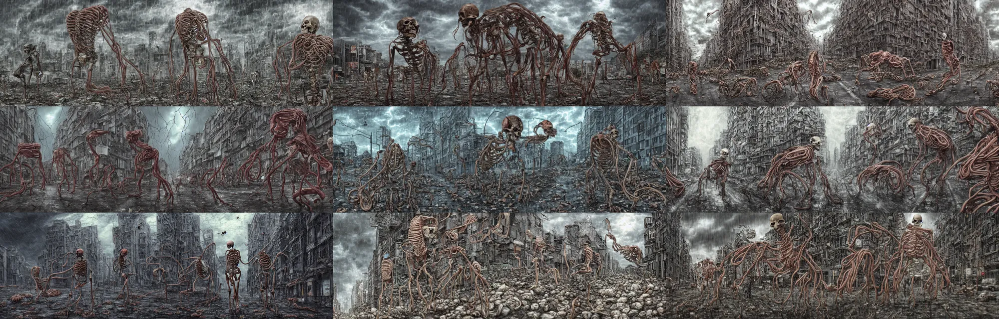 Prompt: a photorealistic giant skeleton wrapped in intestines, swarming with insects, in a desolate decaying city street with ominous stormclouds, heavy rain and lightning, guro art, body horror, art by Shintaro Kago, 4K, cinematic, epic lighting, UHD, HDR