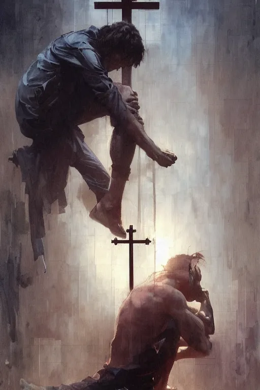 Image similar to man kneeling at the foot of a wooden cross, dramatic lighting art by Yoji Shinkawa by Richard Schmid by greg rutkowski by Sandra Chevrier by Jeremy Lipking cinematic dramatic, by frank miller, illustration by Ruan Jia and Mandy Jurgens and William-Adolphe Bouguereau, Artgerm, 4k, digital art, surreal, space dandy style, highly detailed, godsend, artstation, digital painting, concept art, smooth, sharp focus, illustration by Ruan Jia and Mandy Jurgens and William-Adolphe Bouguereau, Artgerm