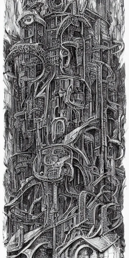 Image similar to a lovecraftian highly detailed ink sketch of a cyberpunk ruin by h. r giger in the style of art - deco art, 8 k