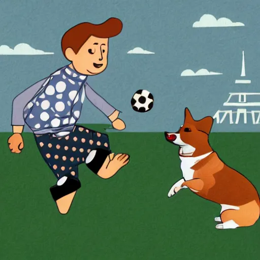 Image similar to illustration of french boy in paris playing football against a corgi, the corgi is wearing a polka dot scarf