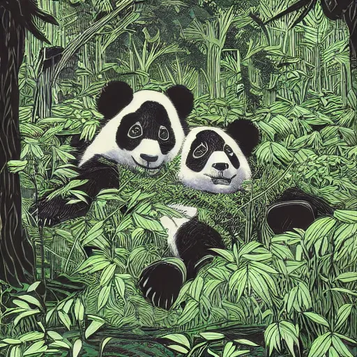 Image similar to pandas, and other wild life in a linocut print of lush fantasy forest, amazing art, highly detailed, intricate, color, masterpiece, by victo ngai, craig mullins