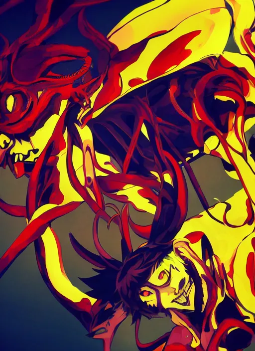 Image similar to portrait of a psychedelic demon, digital painting masterpiece, advanced lighting technology, stylized yet realistic anatomy and face, gorgeous, by reiq and bengus and akiman and shigenori soejima and bastien vives and balak and michael sanlaville and jamie hewlett, 4 k wallpaper, cinematic, gorgeous brush strokes, coherent and smooth