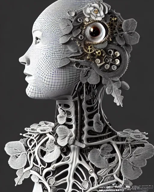 Image similar to monochrome 3 d model, 1 8 7 0 picture, silver lace floral steampunk biomechanical beautiful young female cyborg with porcelain profile face and a techno eye, volumetric light, leaves foliage and stems, hibiscus flowers, sinuous fine roots, fine foliage lace, alexander mcqueen, rim light, big gothic fashion pearl embroidered collar, octane render, 8 k