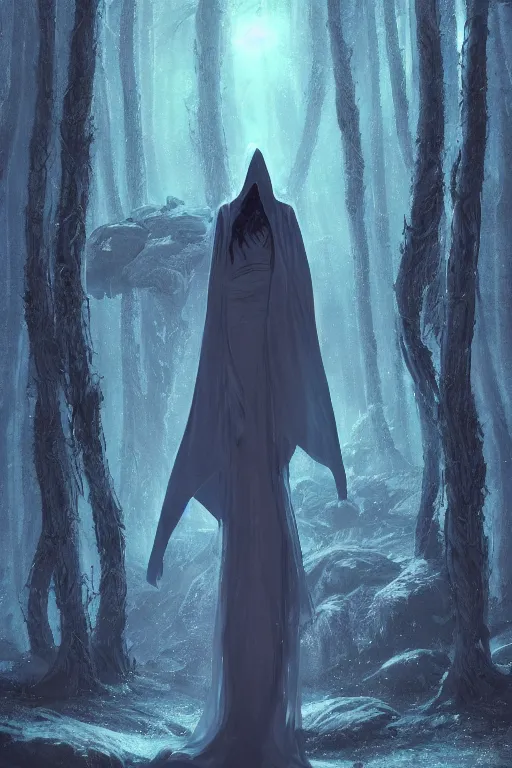 Prompt: a full body portrait of a mysterious goddess with a very long hooded cloak made of stars and clouds walking through a forest,, by maciej kuciara and jason chan and makoto shinkai, ominous, cosmic horror, trending on artstation, ultra detailed, hyper realistic 4 k, volumetric light