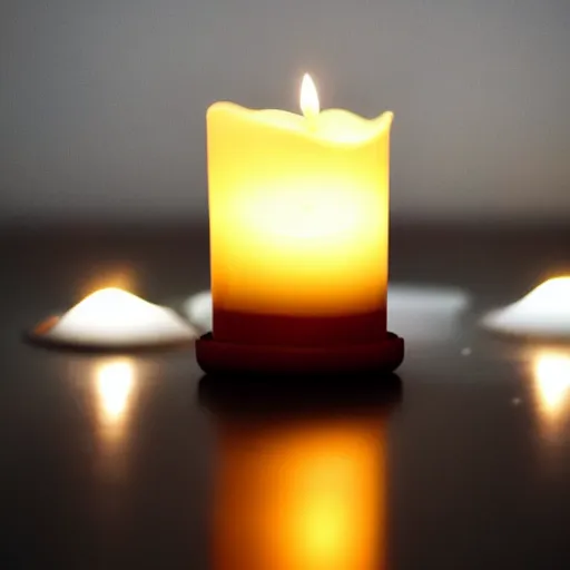 Image similar to dslr, candle that is lit on a table, in a candle holder, in a dark room, eerie glow, extreme quality, real photo, real camera, moody lighting, 8 k