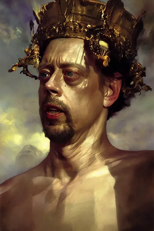 Prompt: beautiful impressionistic oil painting portrait of ancient roman god emperor steve buscemi ascending wearing the civic crown levitating in religious pose, art by anders zorn, wonderful masterpiece by greg rutkowski, expressive brush strokes, beautiful cinematic light, american romanticism by greg manchess, jessica rossier