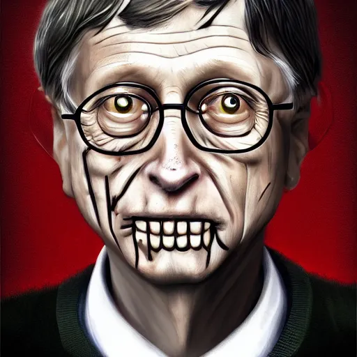 Image similar to a zombie Bill Gates, by WLOP, horror, wounds, bloody, dark fantasy, trending on artstation