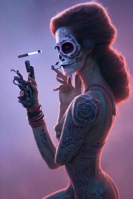 Prompt: ultra detailed, beautiful female android smoking a cigarette, scifi, fantasy, ( dia de los muertos ), triadic color scheme, intricate detailed, octane render, concept art. smoke, calm, noir. art by godmachine and michael welan and rossdraws and artgerm and greg rutkowski and wlop. 8 k, hdr