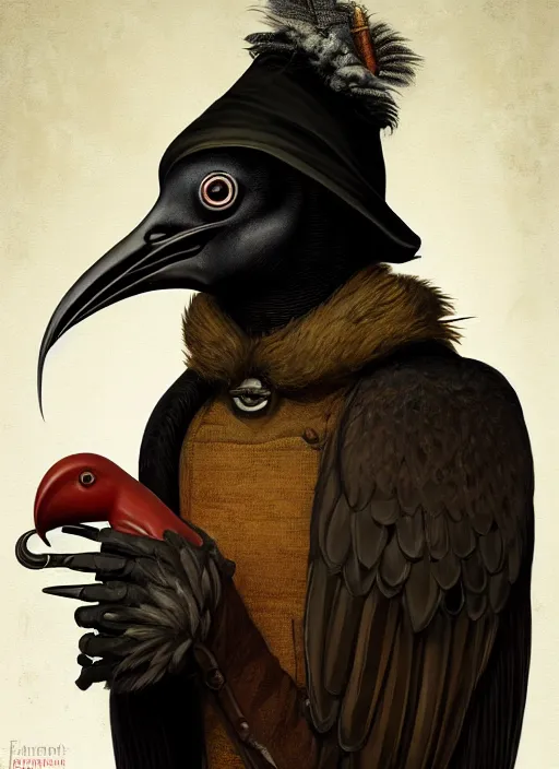 Prompt: rpg! profile!! portrait of humanoid bird on white background, beak, feathers, plague doctor, vintage doll, intricate, highly detailed, digital painting, artstation, concept art, smooth, sharp focus, illustration, art by norman rockwell emiliano ponzi andrey remnev yoann lossel aaron jasinski, 8 k