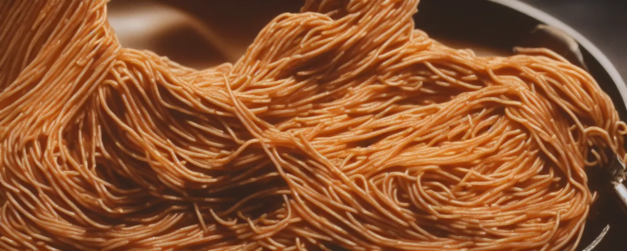 Image similar to macro shot of spaghetti, canon 1 0 0 mm, cinematic lighting, wes anderson film, kodachrome