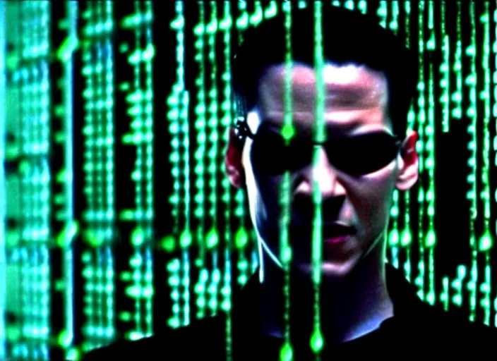 Image similar to Movie still of Neo in The Matrix movie doing a thumb up to the camera in front on burning servers.