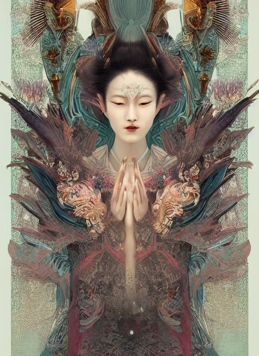 Image similar to portrait full three kingdom breathtaking detailed concept art painting art deco pattern of birds goddesses amalmation flowers head thibetan temple, by hsiao ron cheng, tetsuya ichida, bizarre compositions, tsutomu nihei, exquisite detail, extremely moody lighting, 8 k, art nouveau, old chines painting, art nouveau