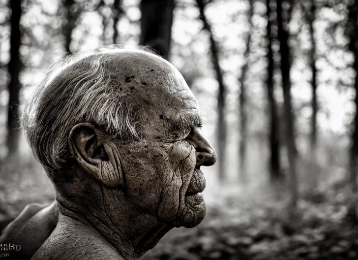 Image similar to old retro burnt out sepia photograph with scratches of an old and wrinkled man biting into a golden coin with his teeth. magical forest in the background with bokeh. Antique. High quality 8k. Intricate. Sony a7r iv 35mm. Award winning.