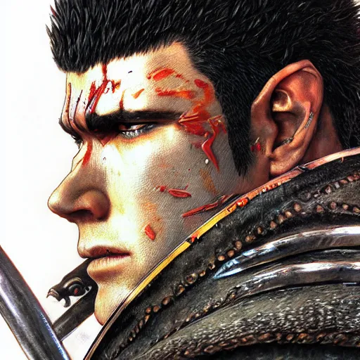 Image similar to photorealistic shockingly amazing portrait of guts from berserk extremely detailed, made by wlop and maxwell boas