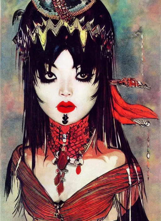 Image similar to female korean vampiress, jeweled headdress, heavy mascara, strong line, saturated color, beautiful! coherent! by frank frazetta, high contrast, minimalism