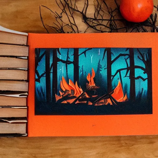 Image similar to book near a campfire, spooky forest background burnt orange and navy hues, highly detailed, dslr