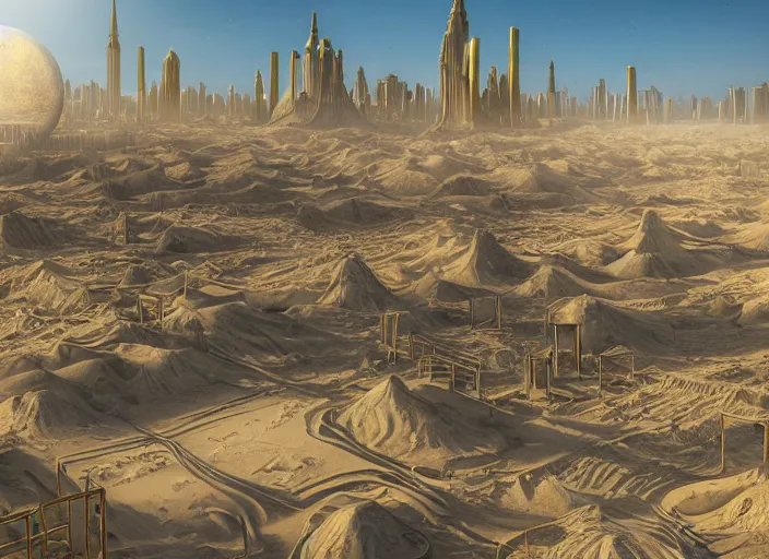 Image similar to cover concept art of the lost sand city, levitating sand, ground view, golden towers, golden pillars, palm trees, space and time, floating objects, post-processing, in the style of Hugh Ferriss, Behance, Artgerm. High detail, ultra realistic render, octane, 3D, photorealism, symmetric, cinematic