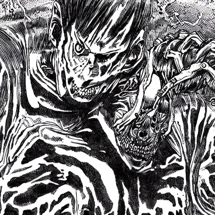 Prompt: Junji Ito manga artwork of a monstrous cyborg abomination