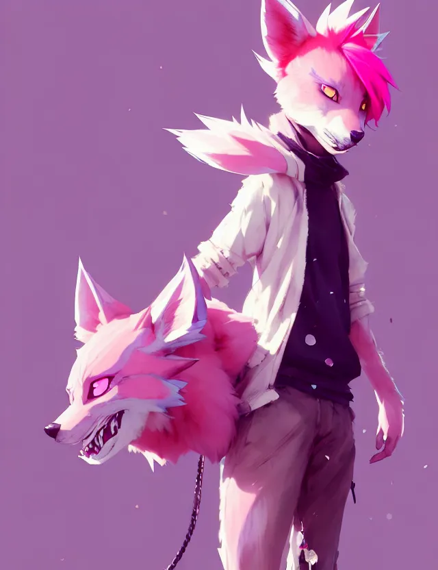 Image similar to a beautiful fullbody portrait of a cute anime boy with pink hair and pink wolf ears. character design by cory loftis, fenghua zhong, ryohei hase, ismail inceoglu and ruan jia. artstation, volumetric light, detailed, photorealistic, fantasy, rendered in octane