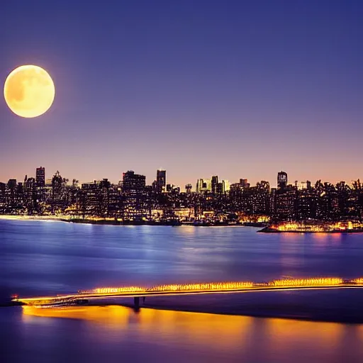 Image similar to two modern cities at night separated by a bay reflecting a red moon, connected by two bridges