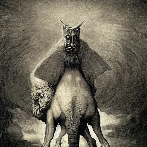 Prompt: king of the beasts 666, by Odd Nerdrum, by Francisco Goya, by M.C. Escher, fairy-tale illustration style, very detailed, colorful, beautiful, eerie, surreal, psychedelic