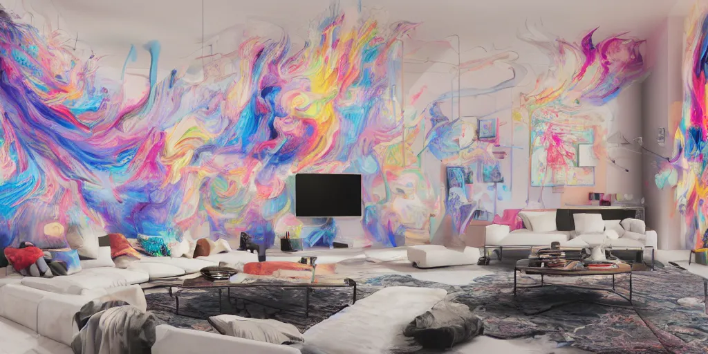 Prompt: a photo of a modern living room full of insane detailed colorfull smoke, clean architecture, pictures in the wall, flying soap boubles, pastel colored, intricate detailed 3 d render, hyper realistic intricate acrilic fluid art, intense colors, wide shot, octane render, concept art, daylight, peaceful, 8 k