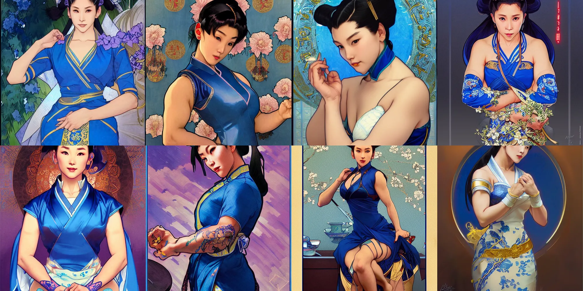 Prompt: portrait of chun - li, in a blue qipao, sensual, art by artgerm and greg rutkowski and alphonse mucha