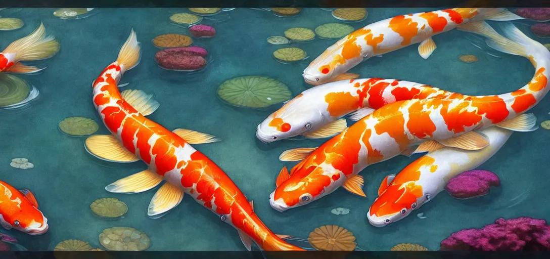 Prompt: isolated koi fish!!!, by artgerm, cushart krenz, greg rutkowski, mucha. art nouveau. gloomhaven, swirly vibrant ripples, gaudy colors, sharp edges. ultra clear detailed. 8 k. elegant, intricate, octane render