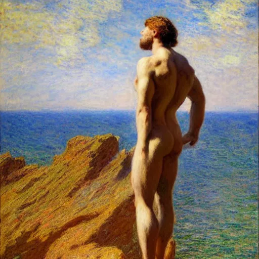 Image similar to an attractive male standing on a cliff, clothed!!!!, looking out at the ocean, by gaston bussiere, craig mullins, j. c. leyendecker, claude monet