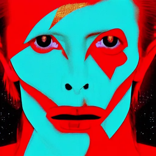 Prompt: David Bowie with red dots for eyes, album cover, vaporwave, glitch, cyberpunk, cyborg, highly detailed.