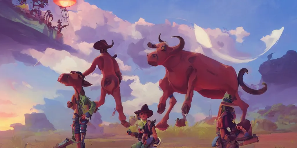 Prompt: a cow boy hunt aliens in the tropical land behance hd by jesper ejsing, by rhads, makoto shinkai and lois van baarle, ilya kuvshinov, rossdraws global illumination