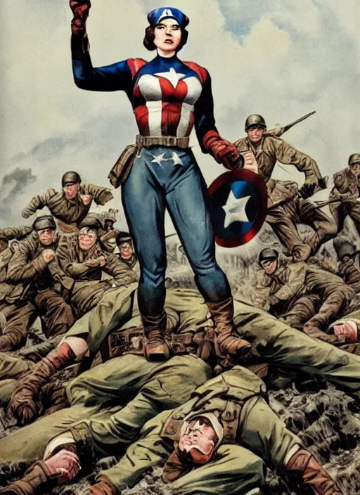 Image similar to female captain america standing on a pile of defeated german soldiers. feminist captain america wins wwii. american wwii propaganda poster by james gurney