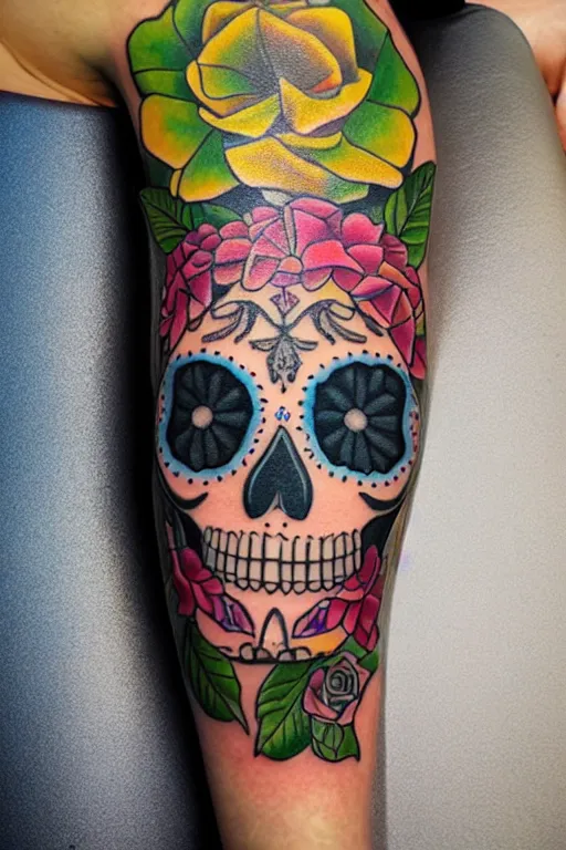 Image similar to tattoo of sugar skull, bright colors