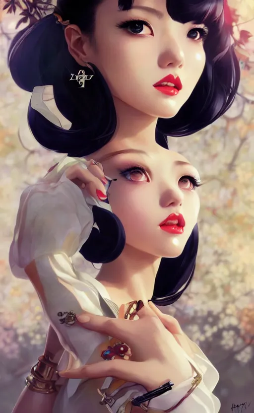 Image similar to a pin up and beautiful fashion and charming and dreamlke japan girl with lv jewelry, character art, art by artgerm lau and kyoung hwan kim and and ilya kuvshinov and john singer sargent, hyperdetailed, 8 k realistic, symmetrical, frostbite 3 engine, cryengine, dof, trending on artstation, digital art