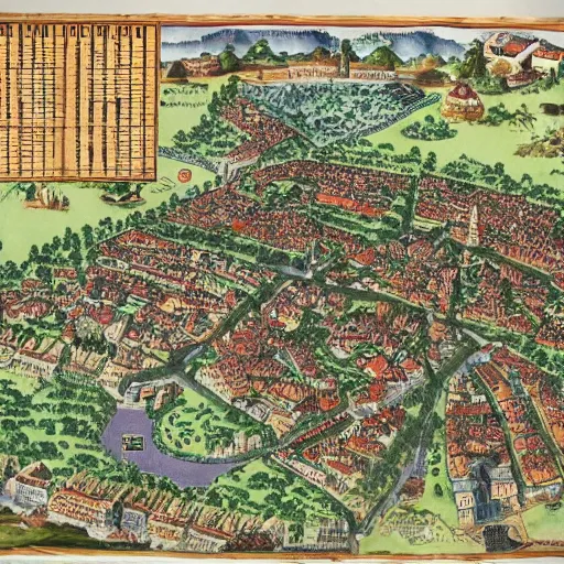 Image similar to map of bustling medieval town along a river, detailed, fantasy