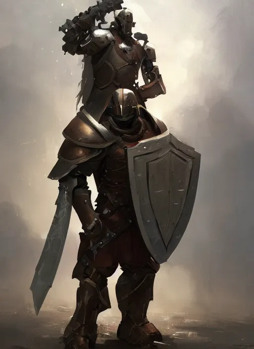 Image similar to portrait of a warforged character holding a paladin engraved longsword and carrying a big shield, concept art, by Greg Rutkowski