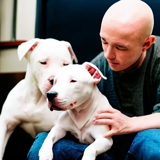 Image similar to portrait of tired white pitbull puppy curled up on a japanese man's lap, highly detailed, cozy aesthetic, fukaya yuichiro