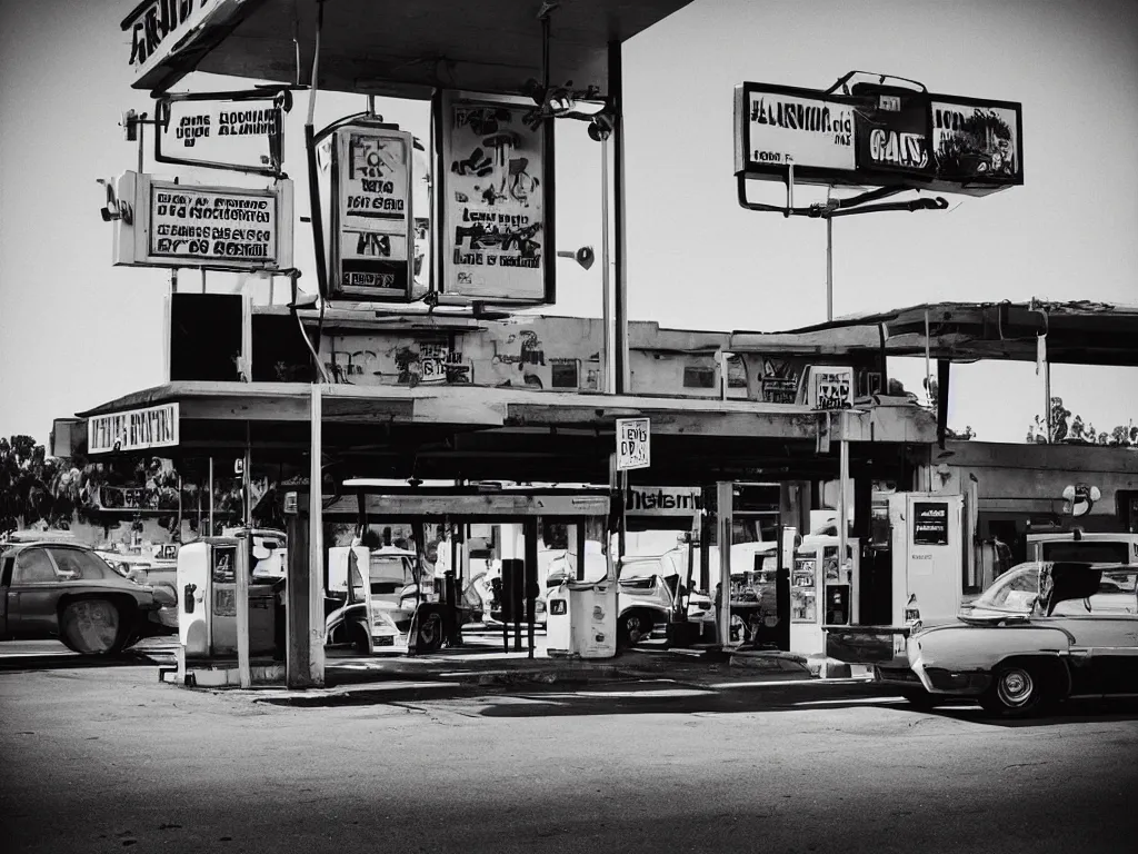 Image similar to “A black and white 28mm photo of a vintage gas station in Los Angeles by estevan oriol”